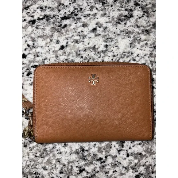 Tory Burch Leather Wallet Wristlet Tan Brown Zip Around Clutch Logo Pouch - Picture 2 of 12